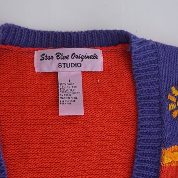 Vintage Star Blue Red Knit Beach Fish Sea Ocean Button Cardigan Sweater Vest L - Picture 11 of 12